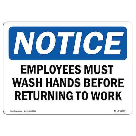 Signmission OSHA, Employees Must Wash Hands Before Returning To Work, 14in X 10in Rigid Plastic, P-1014-L-11968 OS-NS-P-1014-L-11968
